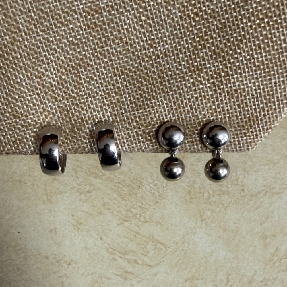2 Sets Monet Silver-Tone Huggie and Double Ball Stud Earrings (2)